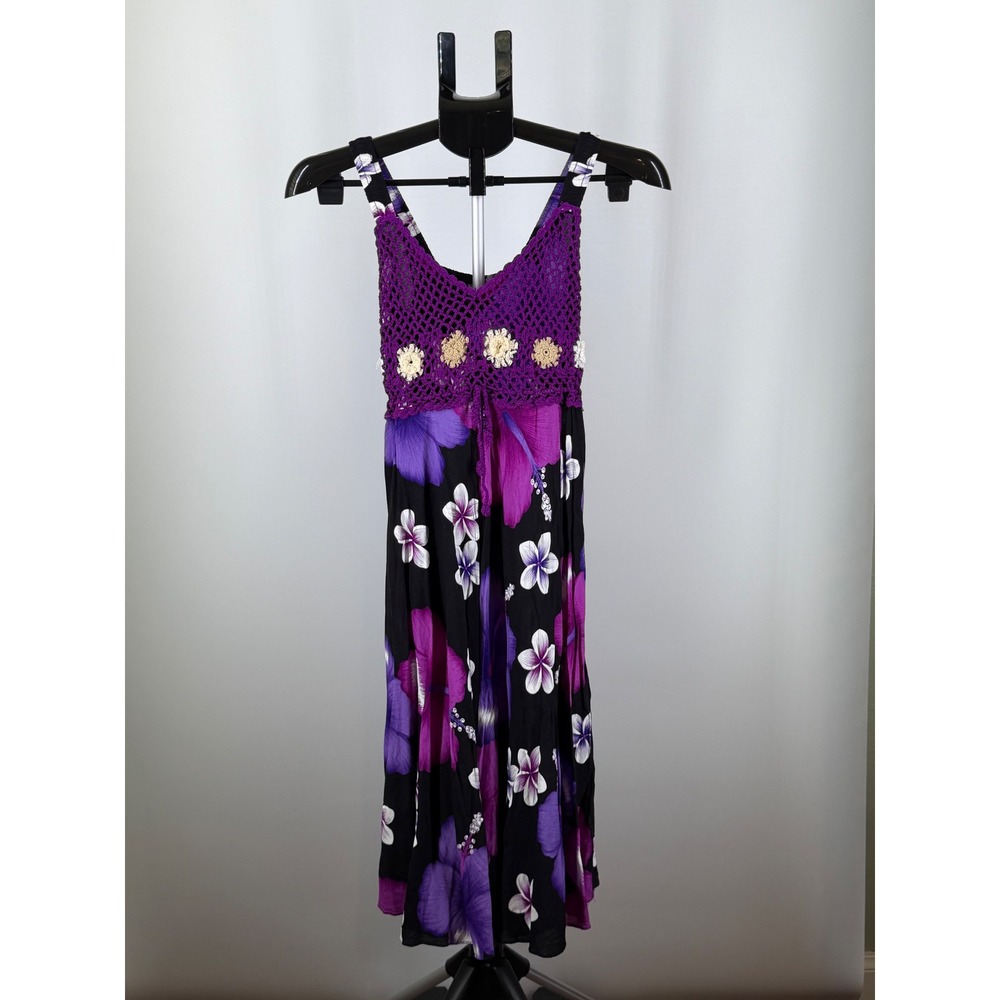 Boho Purple Hibiscus Floral Crochet Bodice Rayon Maxi Dress Smocked‎ Back Small